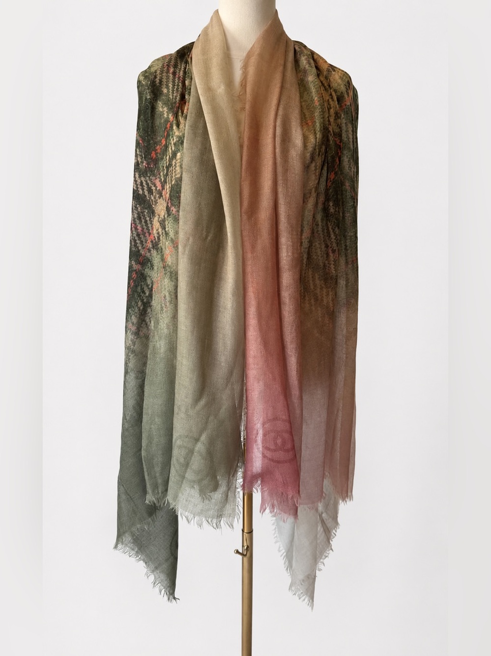 Rare CHANEL Cashmere Ombre Plaid Shawl Scarf Pink Sage Gray Large CC New
